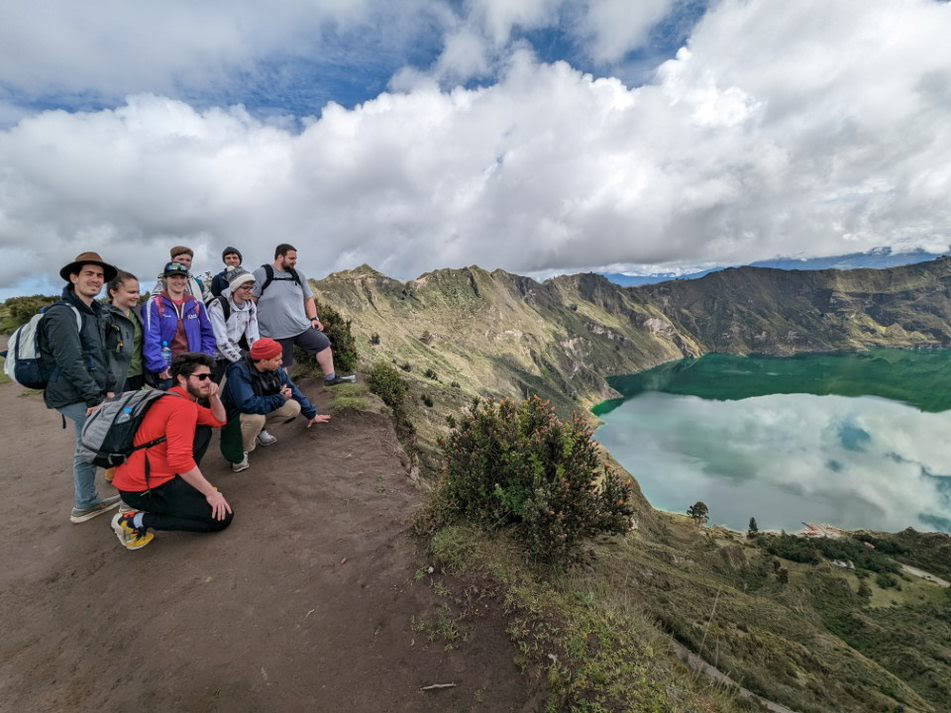 Students stop at an overlook at Laguna Quilotoa in the Ecuadorean Andes