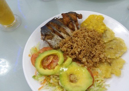 fish coconut rice fried plantains and avocado