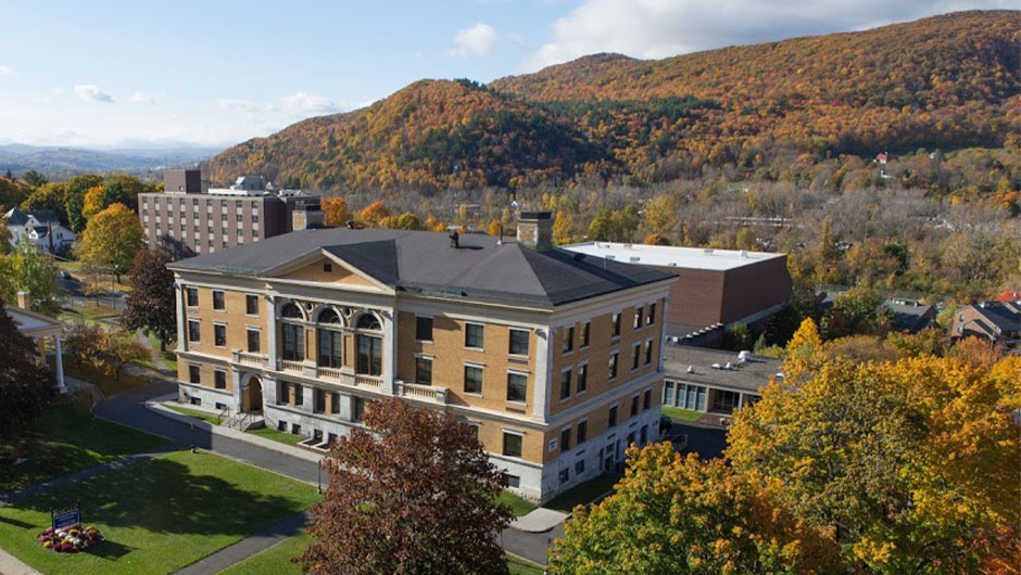 MCLA campus aerial view showing the fall colors