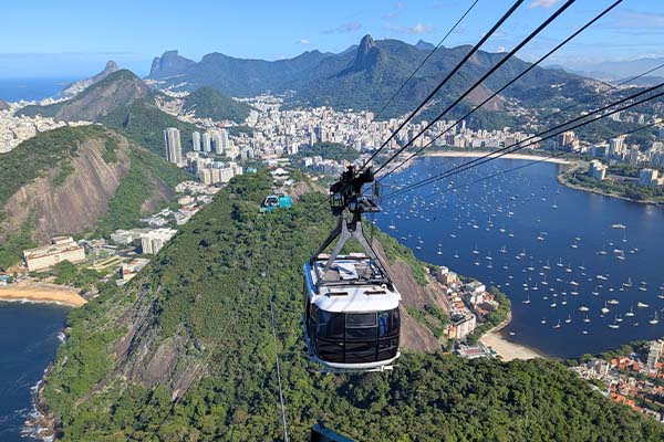 A cable car high above the oocean and mountains of Brazil