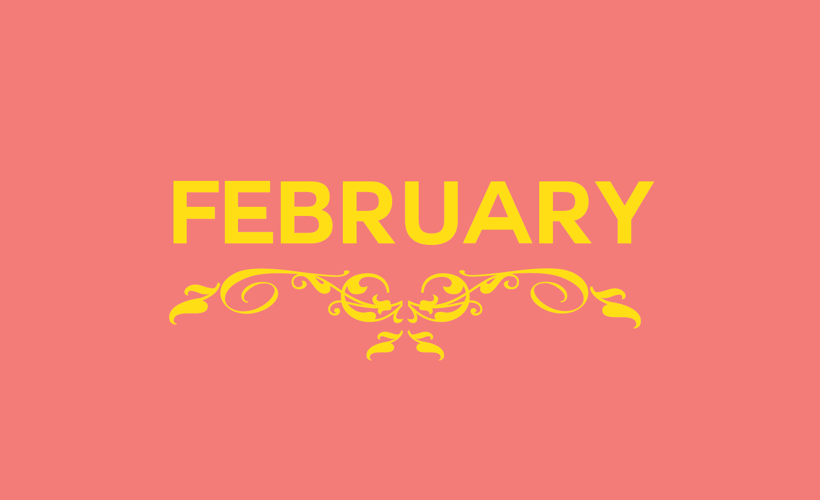 Pink banner with "February" in gold text