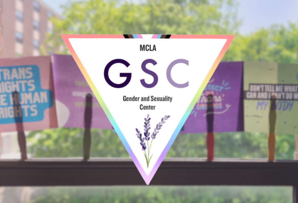 Gender & Sexuality Center Logo with background of feminist and LGBTQIA+ supportive hand signs