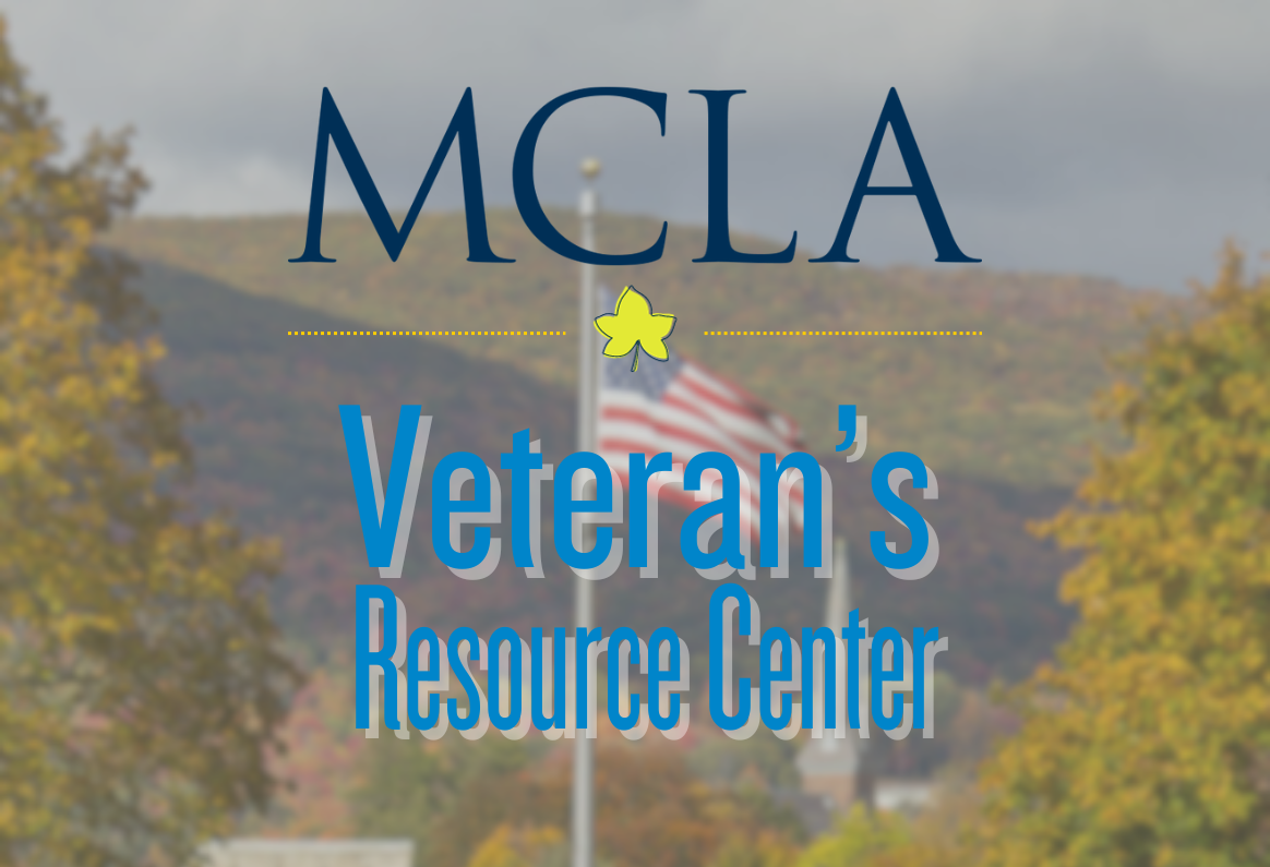 Veteran's Resource Center, with background of American Flag on MCLA campus